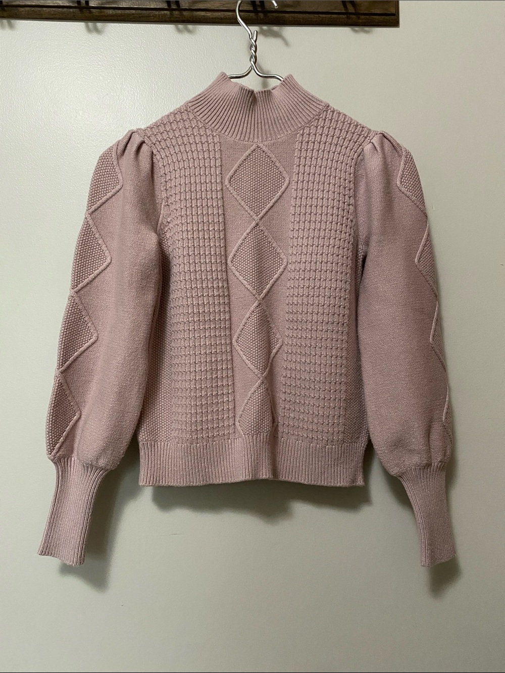 Philosophy Blush Pink Cable Mock Neck Sweater with Puff Sleeves